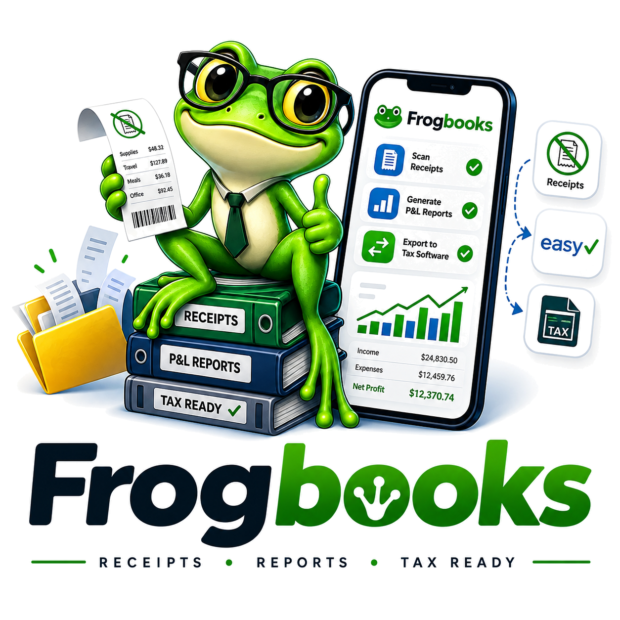 The FrogBooks mascot — a green frog in glasses and a tie — sitting on binders labeled Receipts, P&L Reports, and Tax Ready, next to a phone running the FrogBooks app